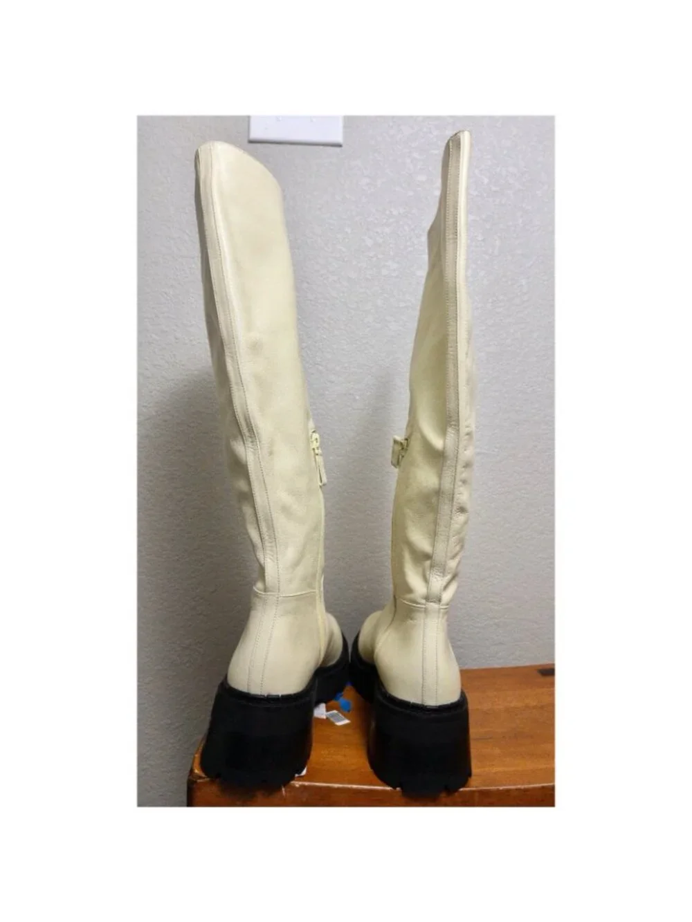 By FAR Russel Lamb Leather Knee High Boot 38 Ivory 8 Chunky Lug Platform NWT